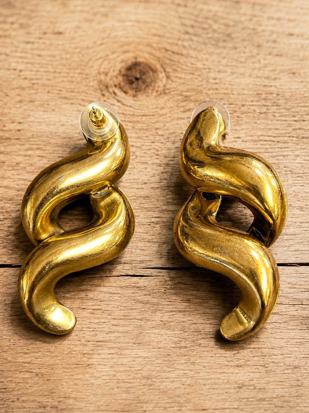Vintage Gold Tone Abstract Sculptural Dangle Earrings Modernist Statement 2.5”